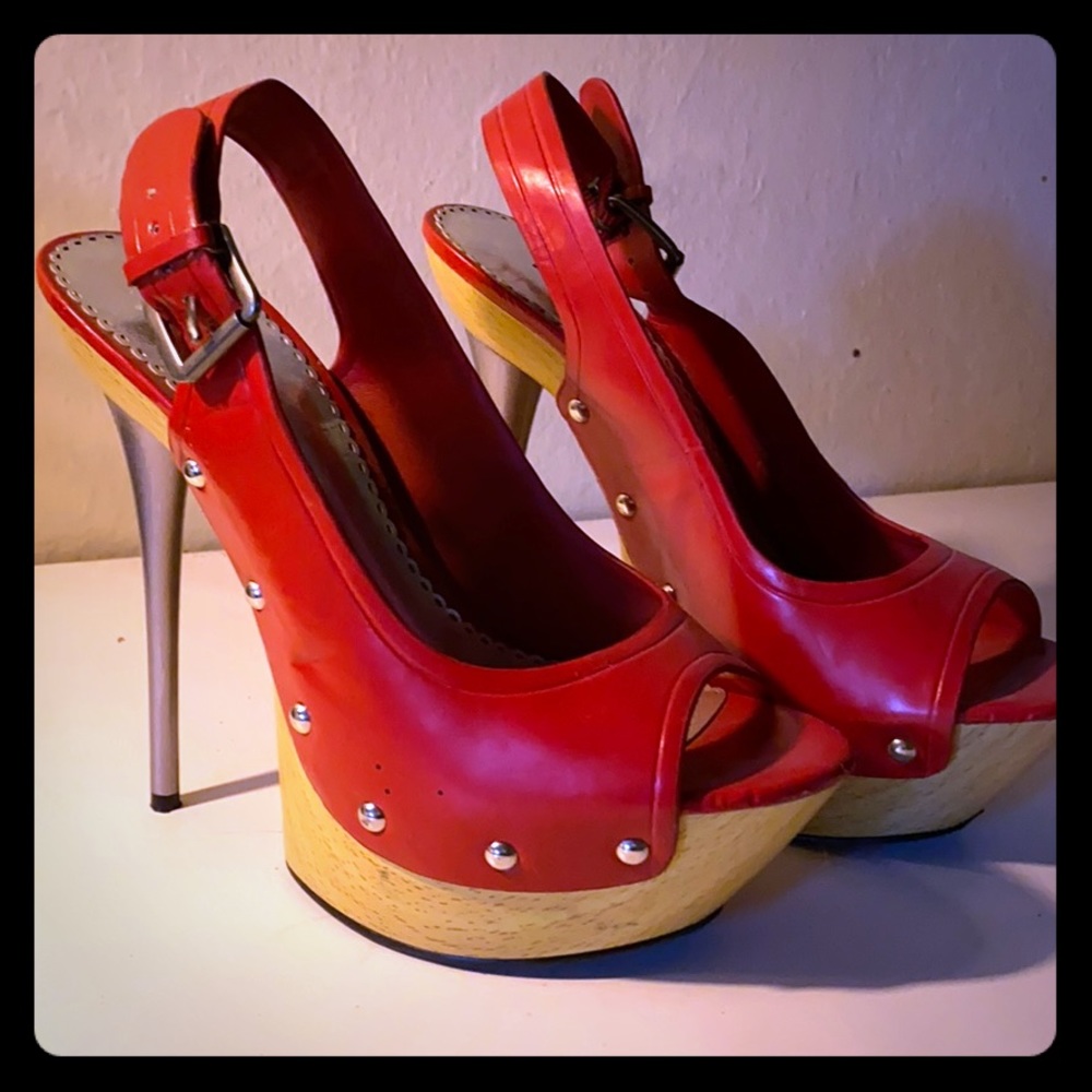 Red, Wood and Silver Bebe stilettos